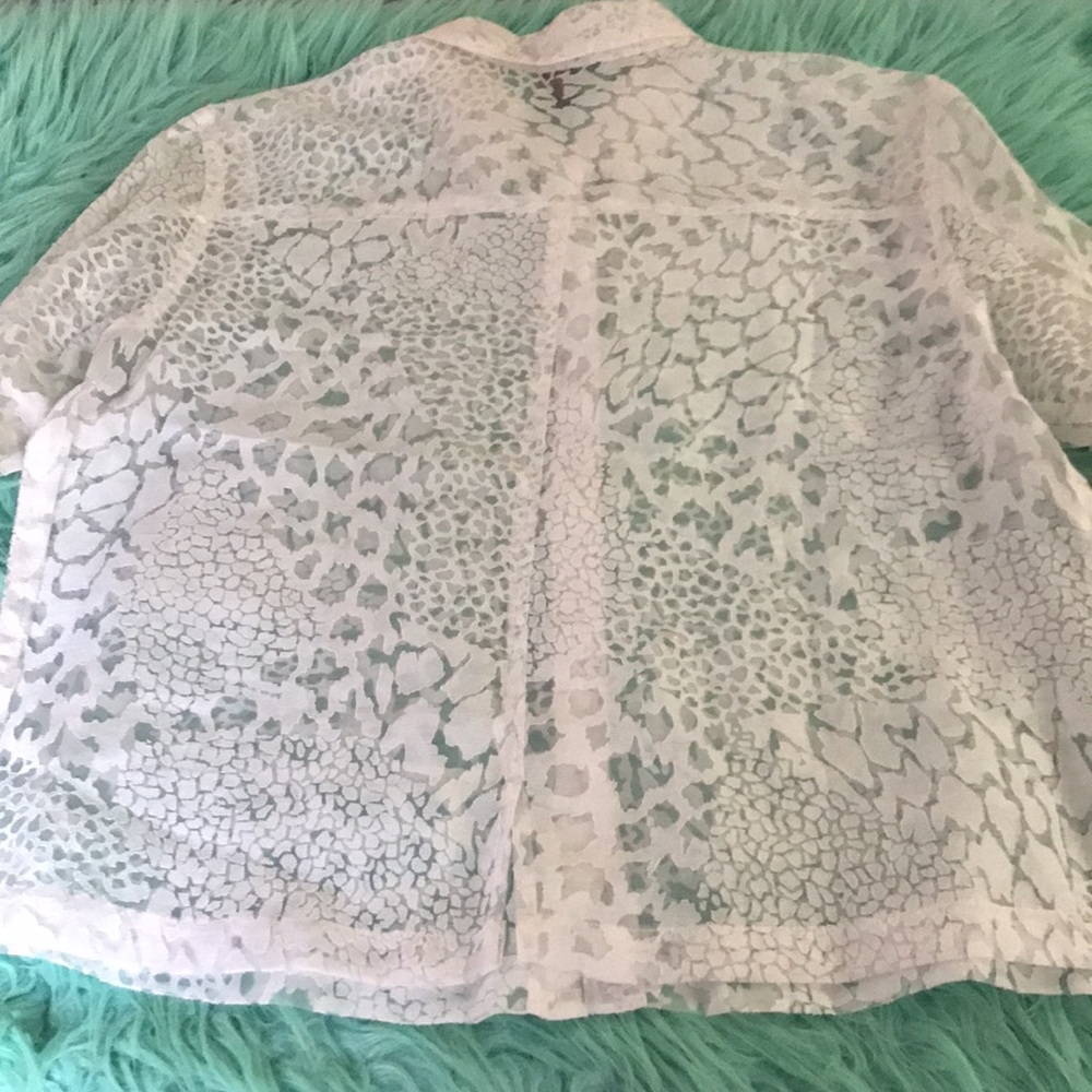White Leopard Print Sheer Lace Button Front Shirt… - image 8